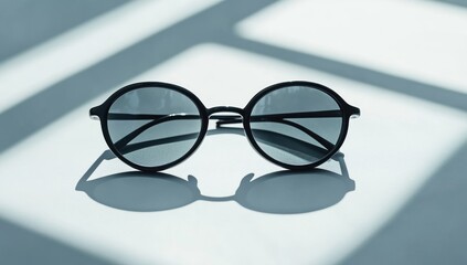 Black sunglasses on a white table, close-up, front view, minimalist style, sunlight shining through the glasses,