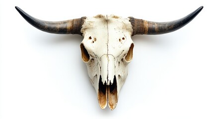 A bull's skull faces left, showcasing its strikingly large, curved horns extending gracefully downward. Detailed anatomy highlights intricate structures within the bone