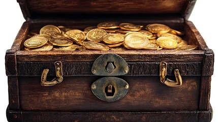 Antique wooden chest overflowing with gold coins.