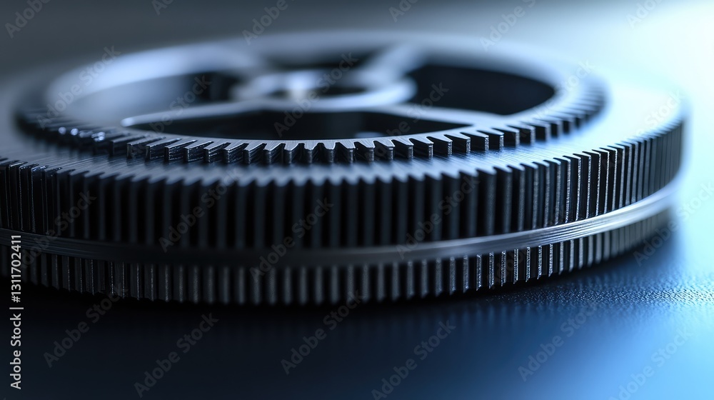 Poster macro shot of small precision watch gears, aligned neatly on a matte black surface, with soft lighti