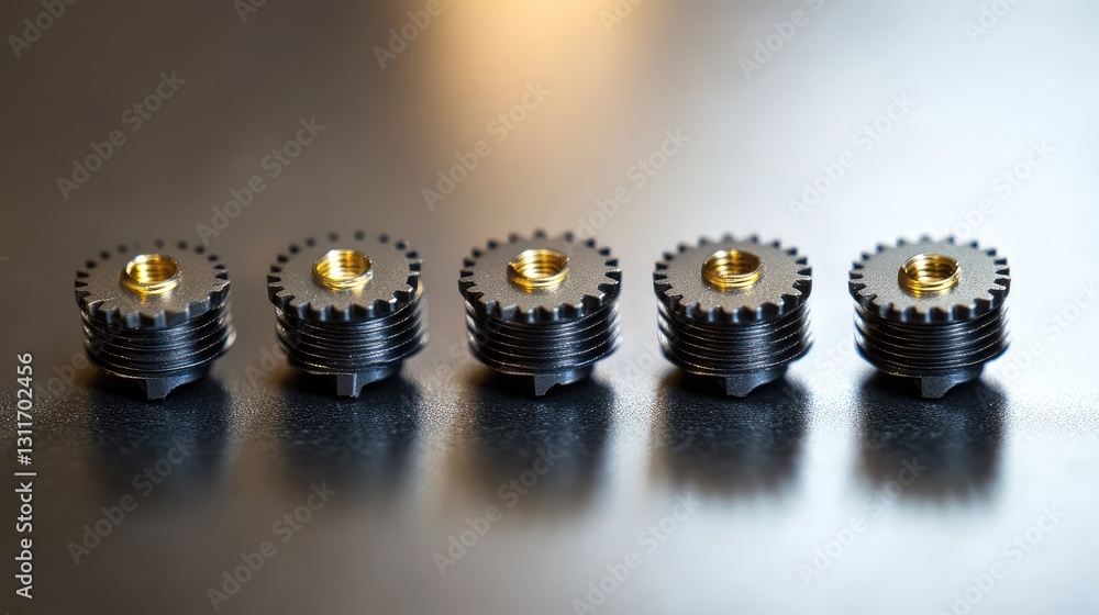 Poster macro shot of small precision watch gears, aligned neatly on a matte black surface, with soft lighti