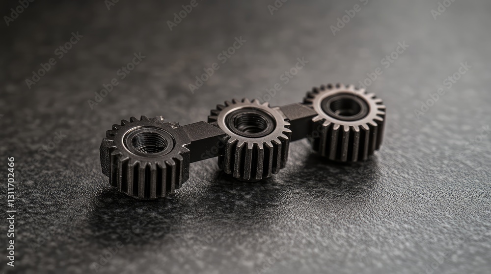 Poster macro shot of small precision watch gears, aligned neatly on a matte black surface, with soft lighti