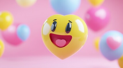 Fototapeta premium Joyful Yellow Heart Emoticon with Pastel Balloons on Pink Background