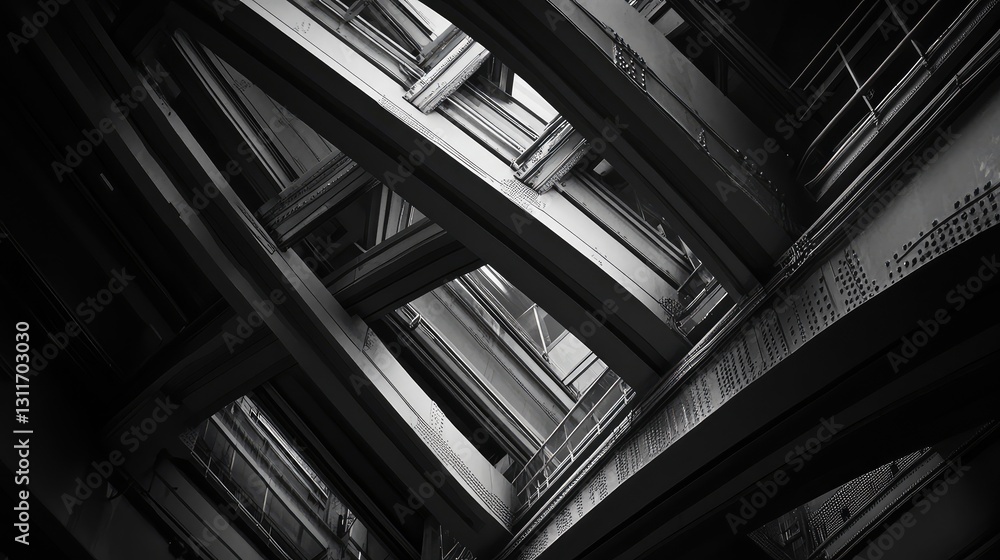 Poster metal bridge structure with strong lines and symmetry, creating an architectural industrial scene.