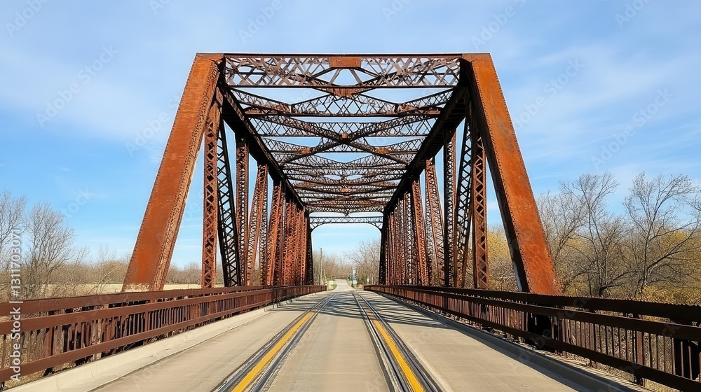 Poster metal bridge structure with strong lines and symmetry, creating an architectural industrial scene.