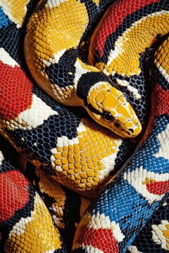 Close up of a ball python with striking red, yellow and blue markings.