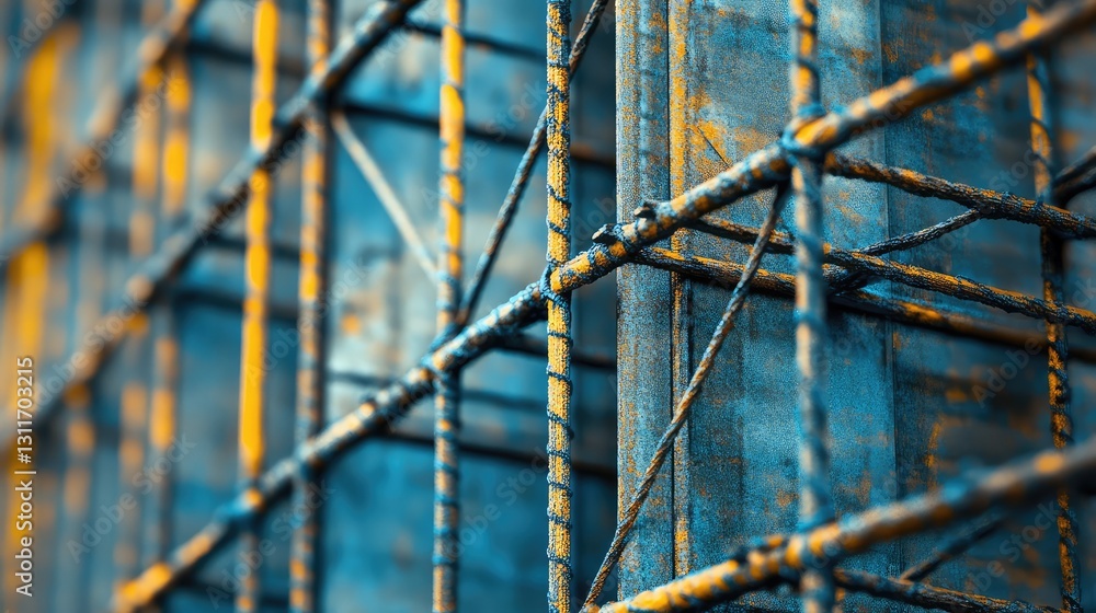 Poster metal wire mesh with intersecting lines, creating a visually strong and rigid industrial pattern.