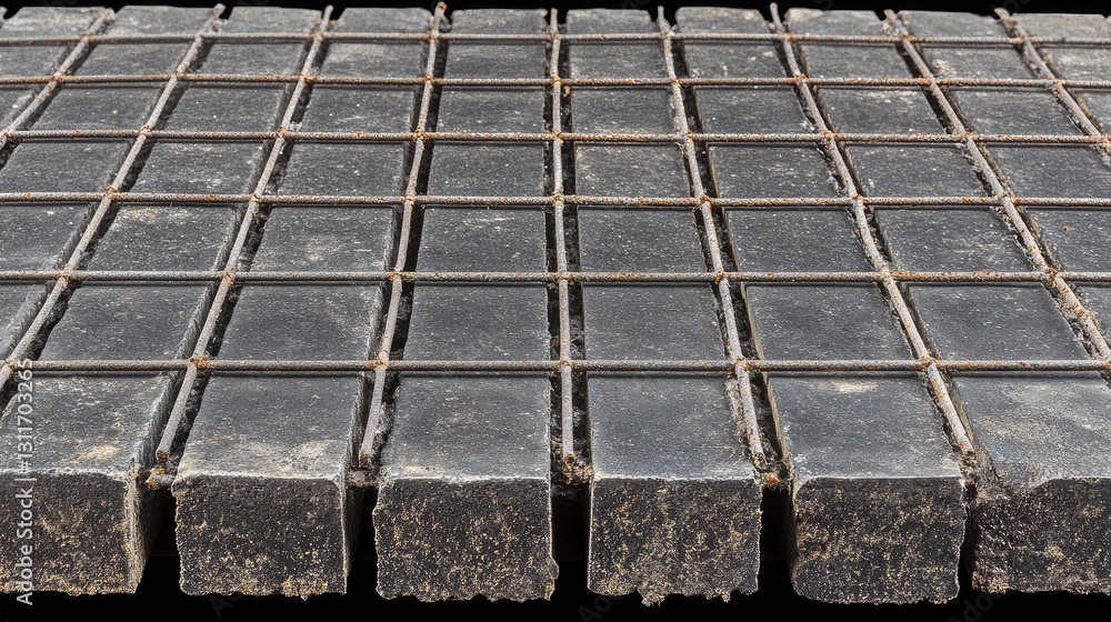 Poster metal wire mesh with intersecting lines, creating a visually strong and rigid industrial pattern.