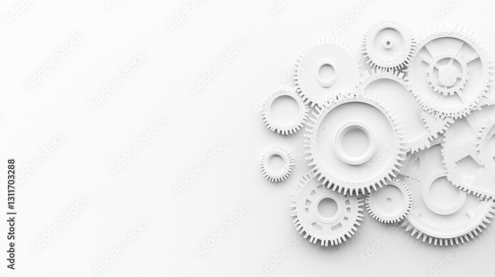 Poster minimalistic mechanical gear icon with subtle embossed shadows on a clean white background, creating