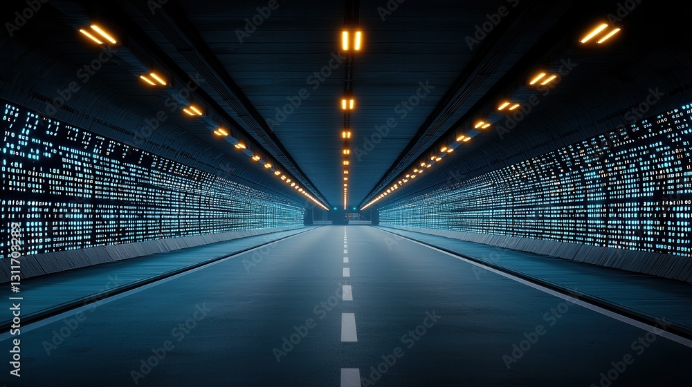 Poster futuristic high tech digital metropolis with a cascading luminous tunnel corridor the image depicts 