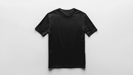 Black t-shirt mockup on a white background, flat lay, top view