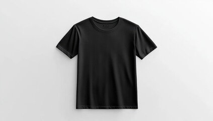 Black t-shirt mockup on a white background, flat lay, top view
