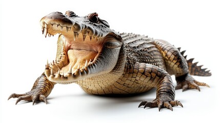 Naklejka premium Glimpse the power of nature: an open-mouthed crocodile showcases razor-sharp teeth and fierce eyes, poised in a silent, primal stance