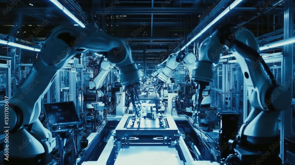 Poster modern automated robotic arms in a factory setting, assembling mechanical components under bright le