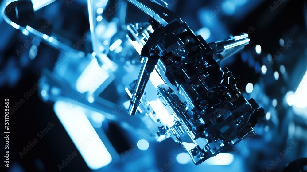 Poster modern automated robotic arms in a factory setting, assembling mechanical components under bright le