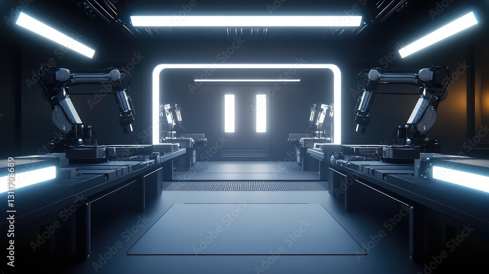 Poster modern automated robotic arms in a factory setting, assembling mechanical components under bright le