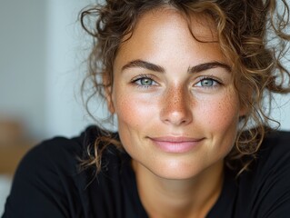 Naklejka premium Close-Up Portrait of a Woman with Freckles and Curly Hair
