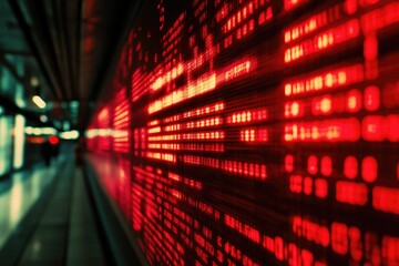 Obraz premium Close-up of a digital display showing red code, with a blurred background featuring binary numbers and a light bokeh effect
