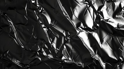 Close-up abstract texture of crumpled black plastic film, highlighting the dramatic light and shadow play on its surface.