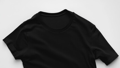 Black t-shirt mockup on a white background, flat lay, top view