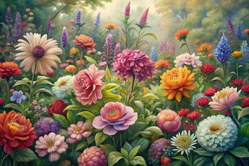 Vibrant Flower Garden Background for Food Photography, Detailed Floral Pattern, Spring Summer Design