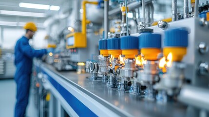 Fototapeta premium High tech laboratory scene featuring a researcher in a uniform monitoring and operating various industrial equipment pipelines valves and digital displays The image showcases a modern