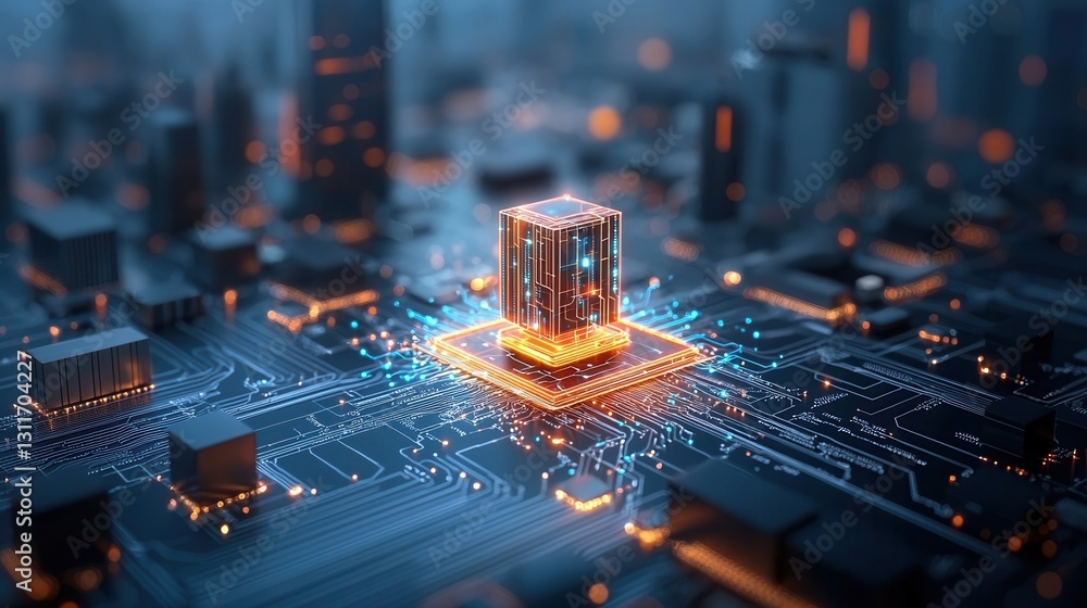 Poster futuristic high tech power grid with an interconnected system of glowing microchips circuits and ene