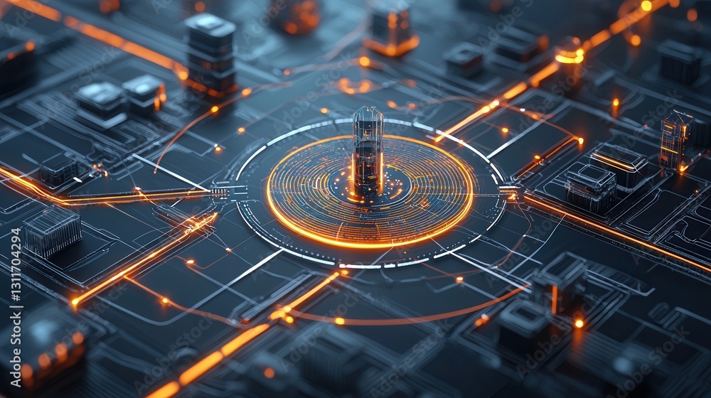 Poster futuristic interconnected power grid of the digital age abstract high tech electronic circuits and d