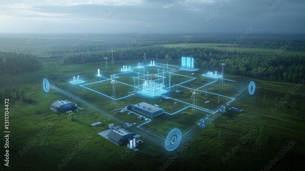 Poster futuristic visualization of a connected smart power grid infrastructure with digital controls renewa