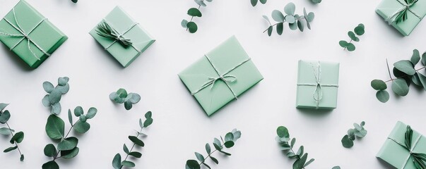 Elegant Mint Green Gift Boxes with Eucalyptus Leaves on White Background Flat Lay