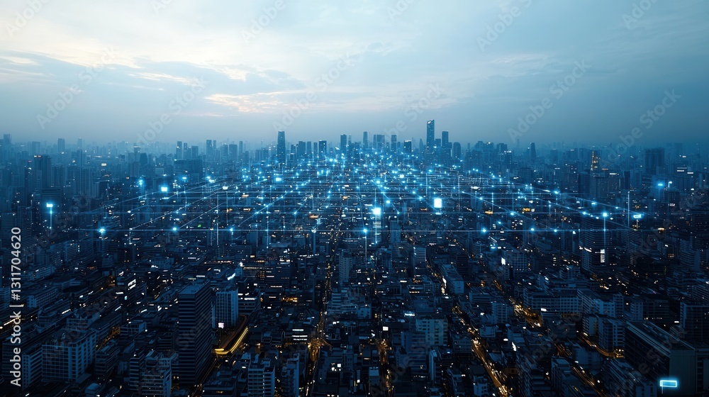Poster futuristic connected power system in hyper dense metropolis cityscape at night with skyscrapers netw
