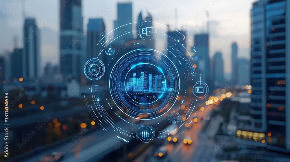 Poster hyper connected renewable power system futuristic city skyline with intelligent digital infrastructu