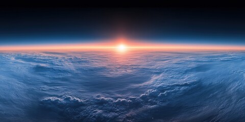 Mystical planetary landscape bathed in deep blue-gray hues with subtle orange and pink glows; a vibrant sun dawns from the top right, casting an ethereal light across the horizon