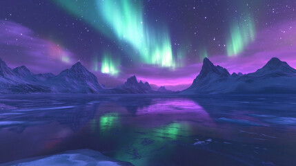 Fototapeta premium The Northern Lights dance vividly across the night sky above a frozen lake