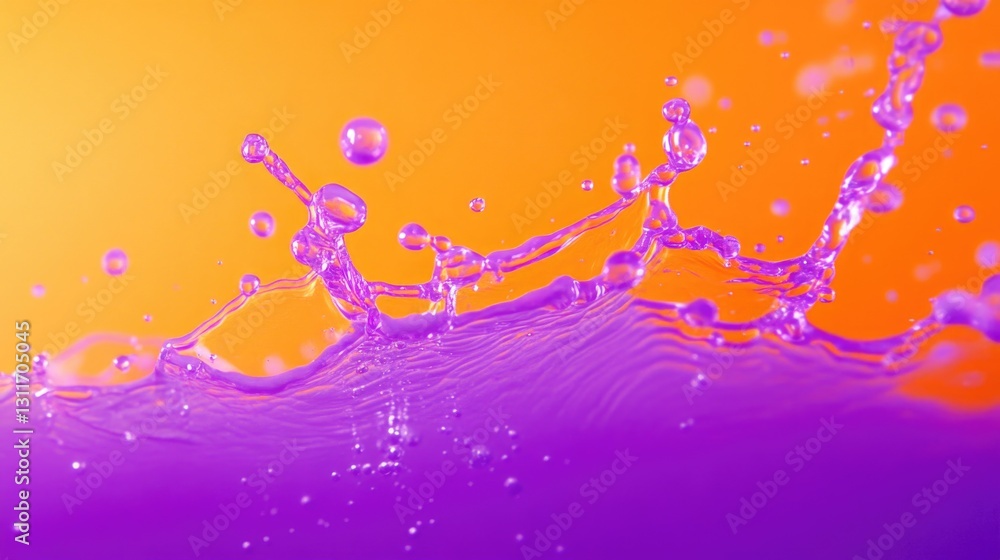 Poster an energetic close-up of a splash, with the liquid droplets creating vivid colors against a blurred 
