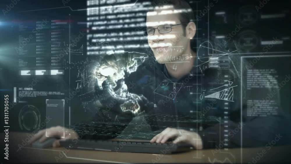 Poster man working on computer with digital data and world map overlay animation