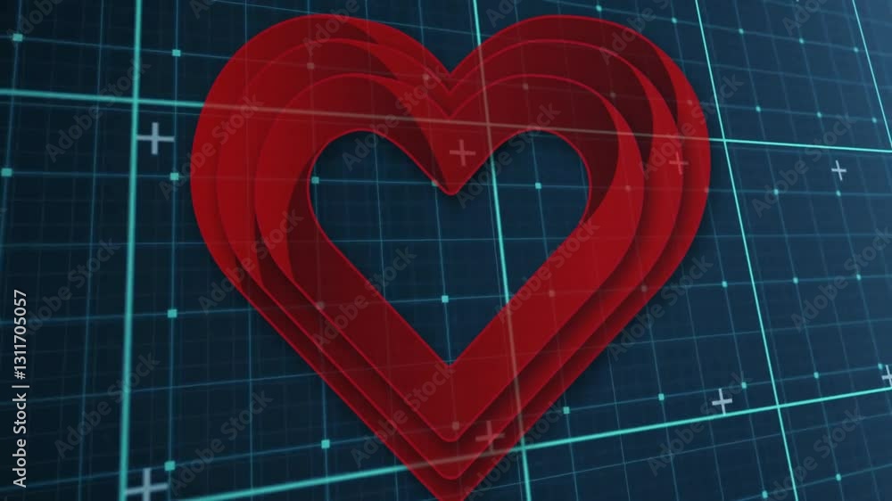 Poster animation of red heart layers glowing over digital grid with lines and dots