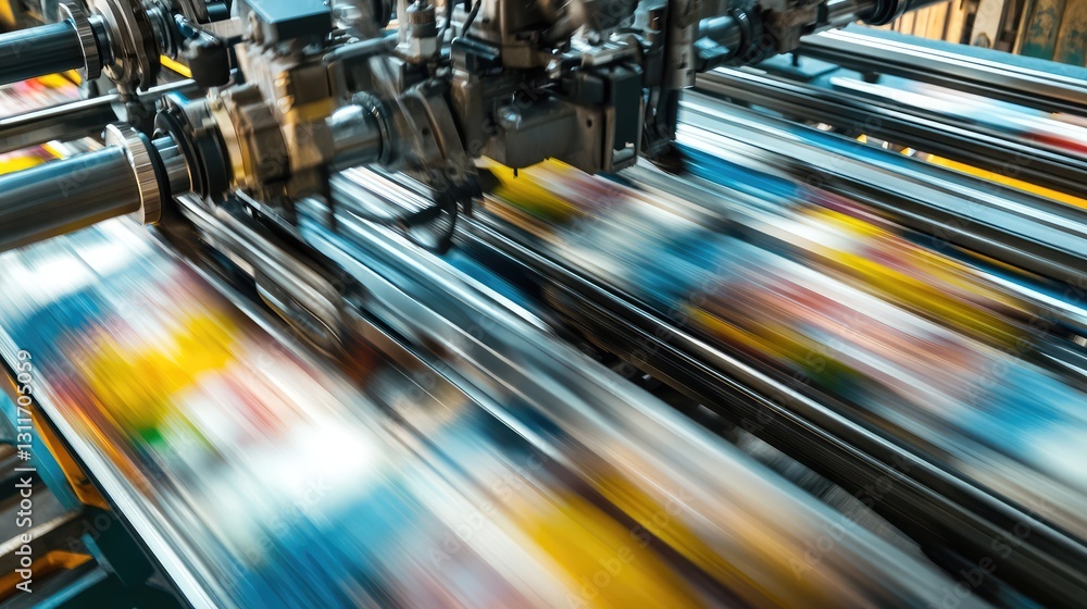 Poster printing press machine in operation, with blurred motion effect emphasizing speed and efficiency.