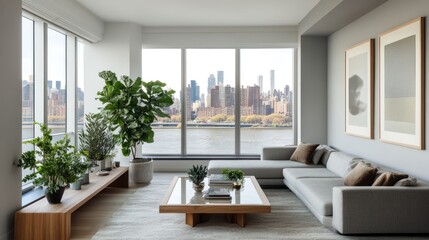 Fototapeta premium Modern NYC apartment living room with city view (1)