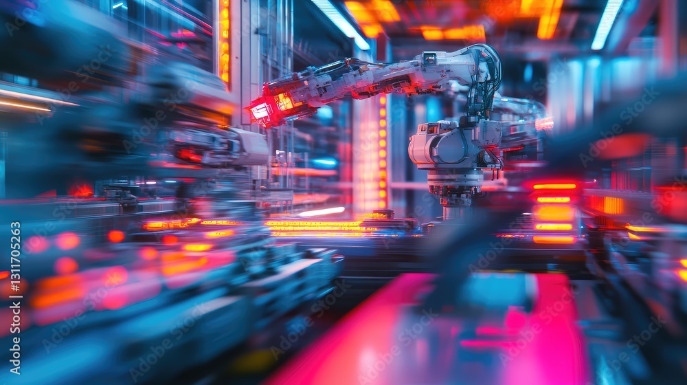 Poster robotic arms in an automated factory working on a production line, blurred motion effect, futuristic