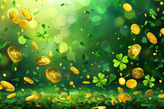 Fantasy Irish holiday wallpaper with gold coins falling from the sky on a shamrock field