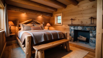 Rustic bedroom with natural wood elements dominating. The walls, floor, and ceiling are made of wood, creating a warm and cozy atmosphere.