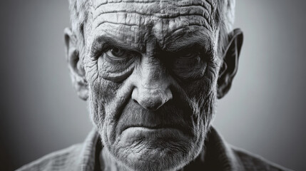 A striking black and white portrait of an elderly man, showcasing deep wrinkles and expressive eyes, evoking a sense of resilience.