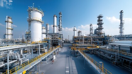 Obraz premium Expansive fuel refinery with towering white storage tanks and complex network of pipelines in an industrial landscape