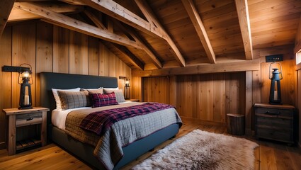 Rustic style bedroom with wood dominating the walls, floor, and ceiling. The bed has dark plaid sheets, combined with matching pillows.