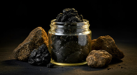 jar of raw shilajit, a potent Ayurvedic herb, surrounded by its natural form. Dark and mysterious, shilajit is a natural treasure found natural beauty, healthy lifestyle, vegan,deep in the Himalayas