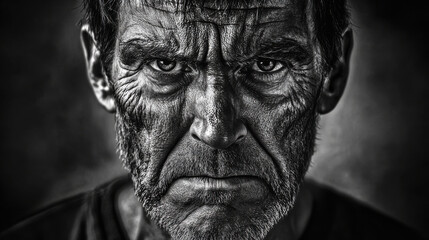 A striking black and white portrait showcasing the deep lines and intense gaze of an aged man, embodying strength and experience.