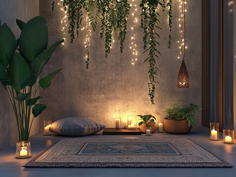 Tranquil indoor scene with plants, soft lighting and meditative atmosphere