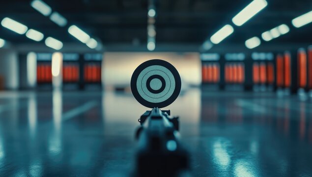 An icon of a target for shooting with an empty center and a black pistol in front, inside an indoor air-and-bow range.