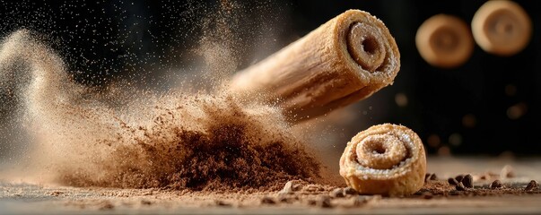 A rolling pin and cinnamon rolls create a flour explosion, highlighting a baking moment filled with deliciousness and action.